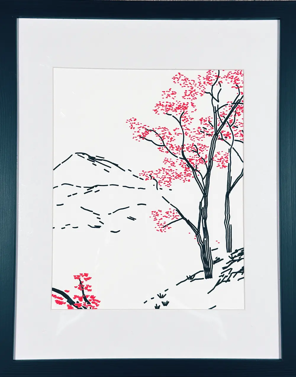 Flying White in a black frame and white mat: a dashed mountain ridge at left, two black trees with red dotted foliage at right, a small red shrub in the lower left corner