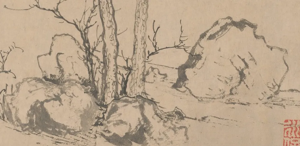 Close detail of an ink handscroll: boulders at the foot of two pine trunks, their outlines drawn in dry, streaked strokes where the paper shows through the ink