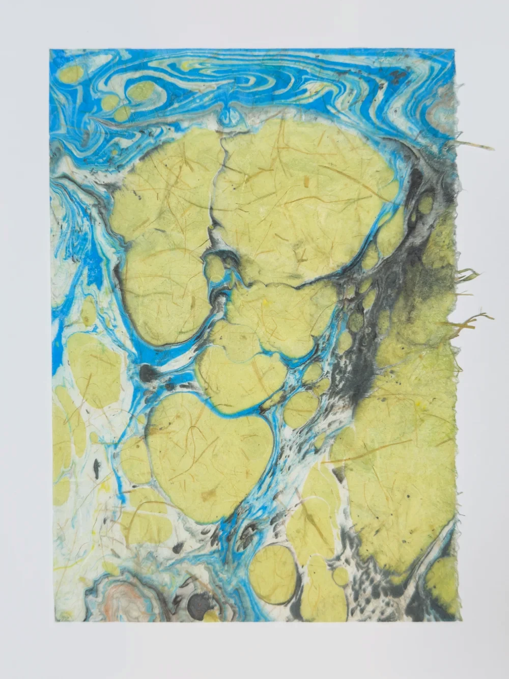 Color monoprint with flowing ink layers and warm oceanic tones on washi, diptych left