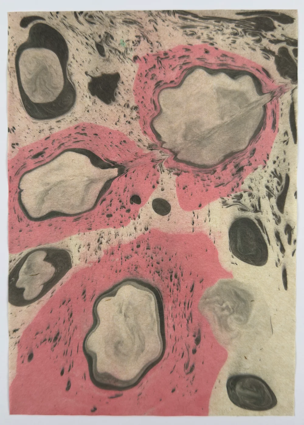 Experimental monotype with alcohol dispersant creating cellular color patterns
