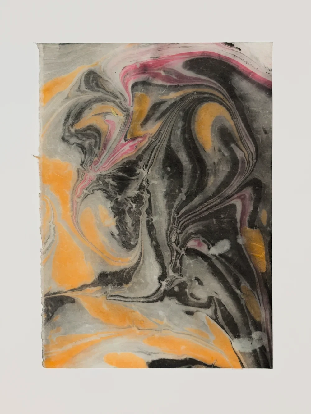 Paper marbling monotype with dense black and translucent strata patterns, right half