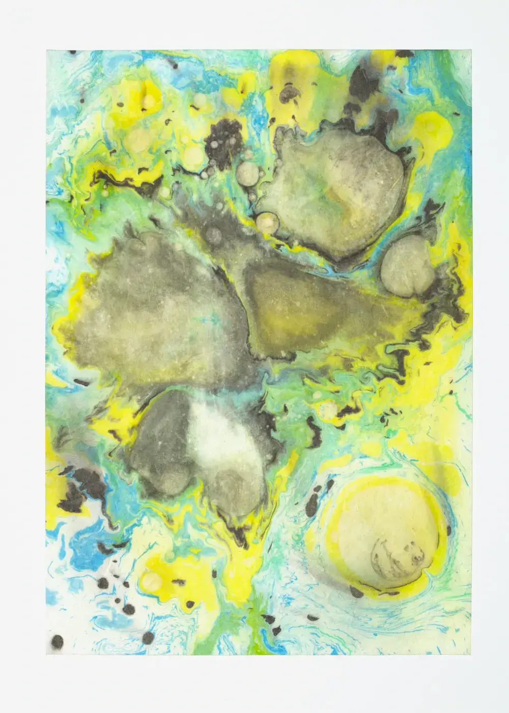 Dark olive masses clustered at center on a yellow and blue-green field, with a pale moon-form settled in the lower right