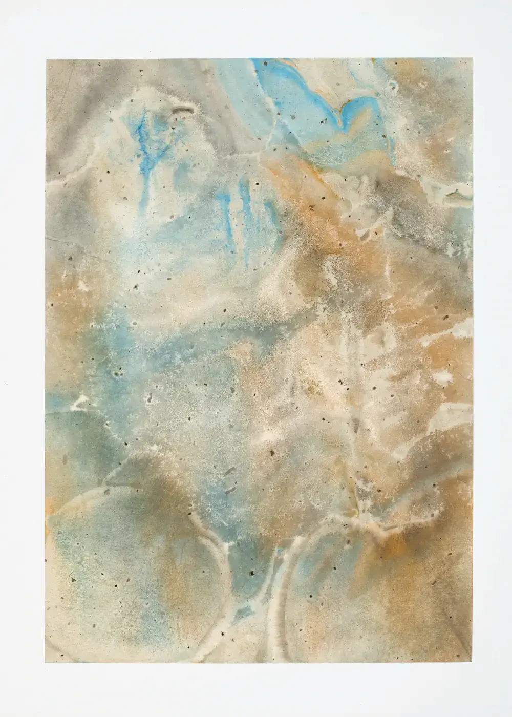 Soft sandy tans and muted blue-grays, frosted and translucent — the bottom print, textural like sandy soil and water