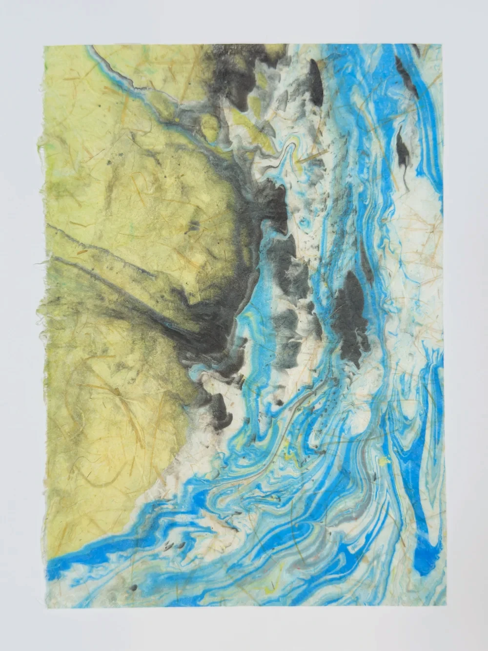 Color monotype with flowing ink layers and warm oceanic tones on washi, diptych right