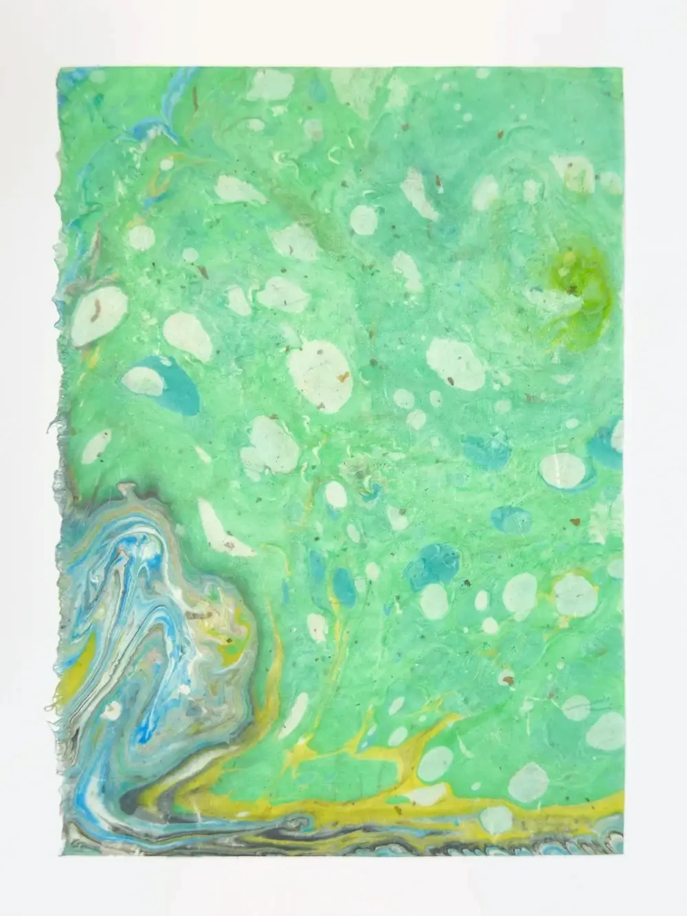 Mint green wash with white droplets and blue-yellow swirl in lower corner