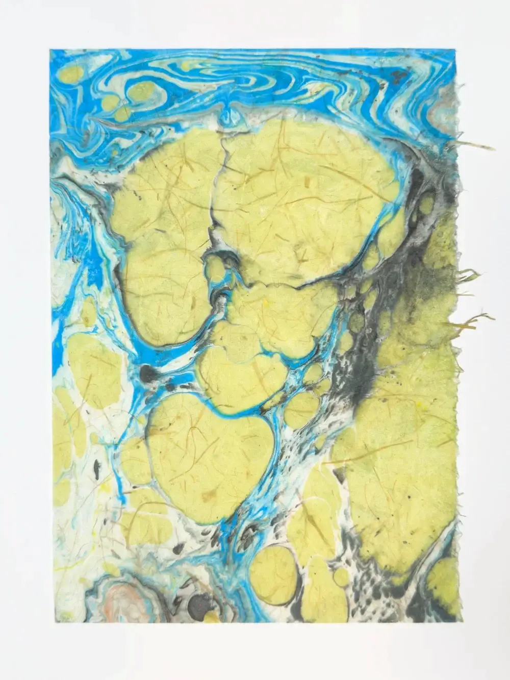 Olive-yellow and blue pools with cracked texture separated by dark channels