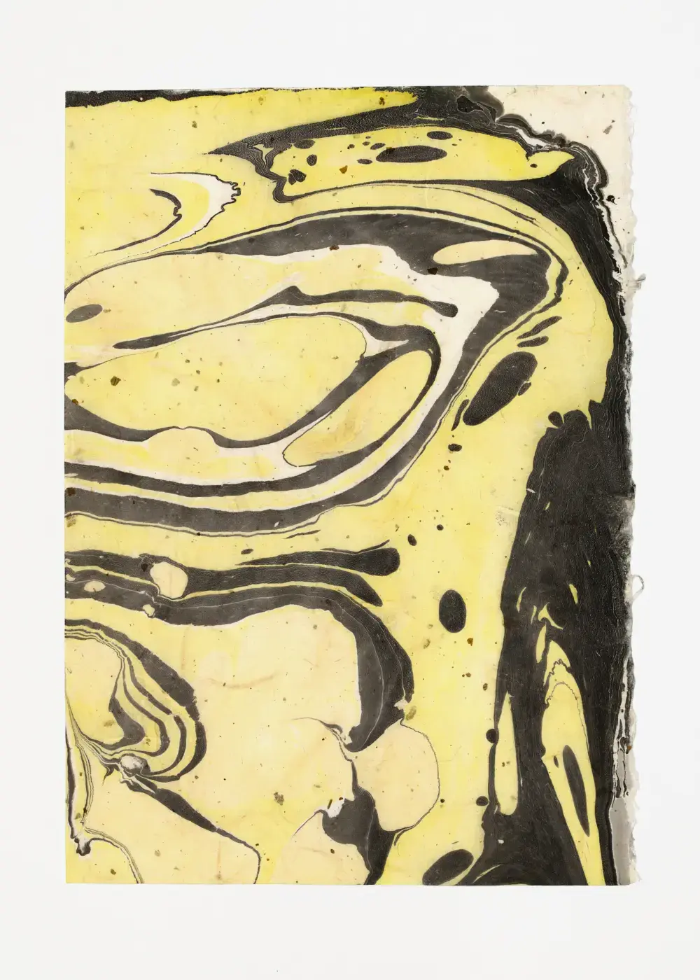 Bold sweeping black lines carving through warm yellow field, dark mass pulling down the right edge