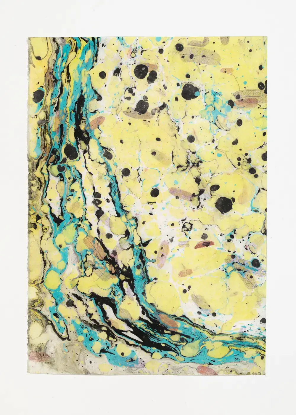 Dense turquoise and black channel cutting through dispersed droplets on textured yellow washi