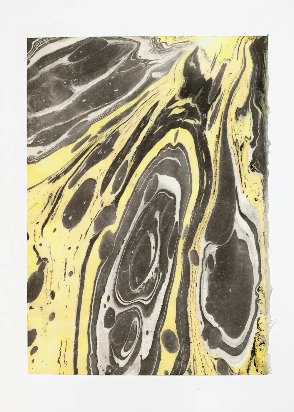 Large dark masses flowing diagonally with yellow showing through in narrow bands