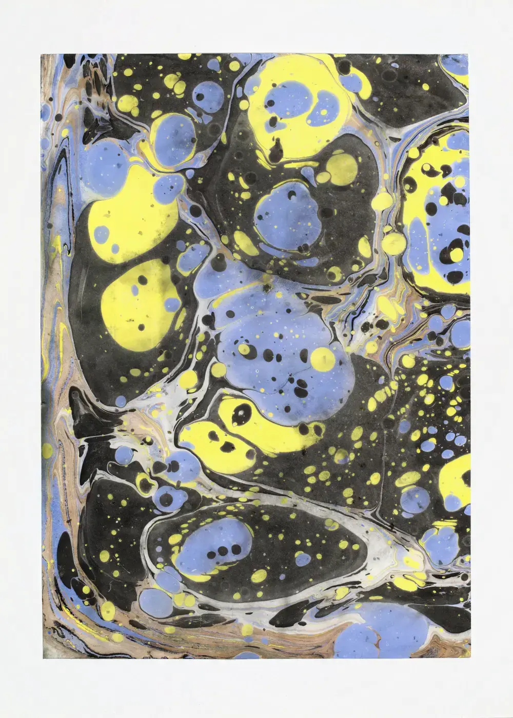 Periwinkle and yellow droplet clusters suspended in black ground with bronze edges creeping in from the margins