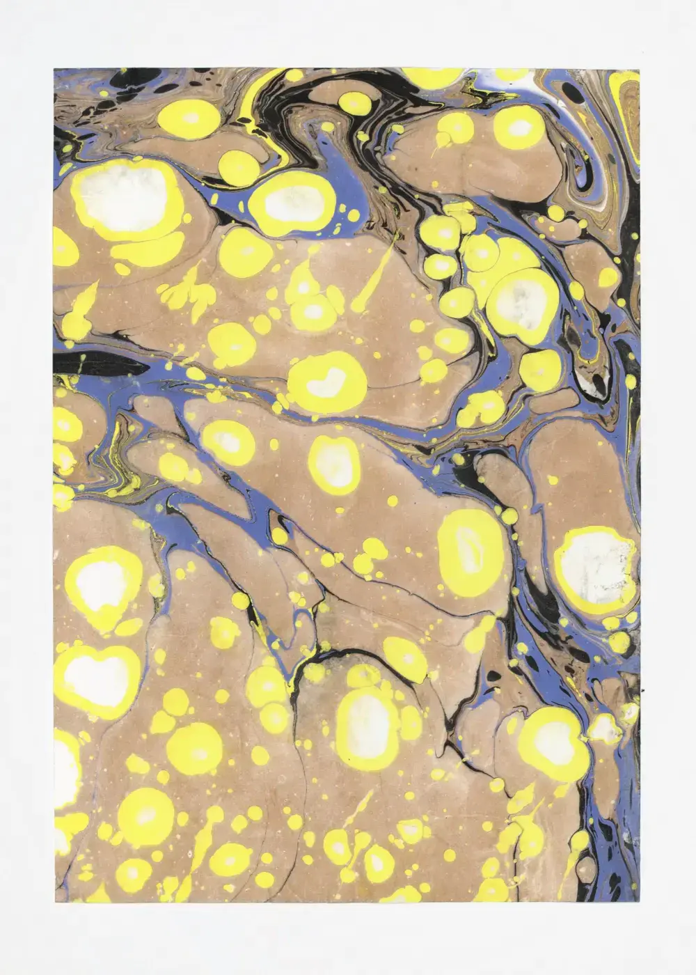 Yellow and white droplets scattered across bronze ground with blue veins connecting them like a star chart