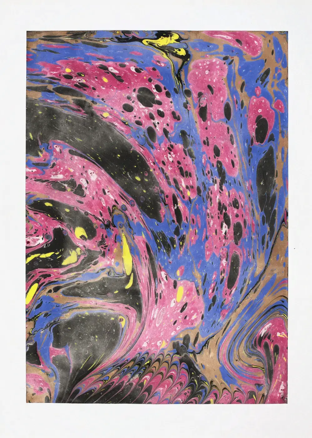 Turbulent blue, pink, and bronze currents marbled with black, a fine combed non-pareil pattern along the lower edge