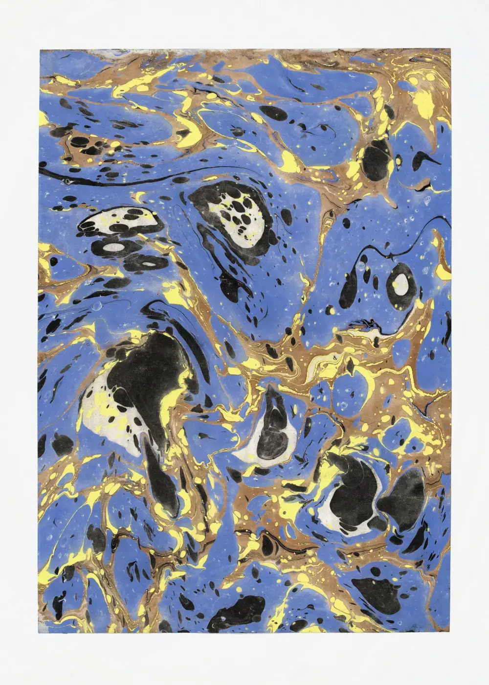 Periwinkle field with black droplet clusters and bronze rivulets running through, lapis-and-gold tonality