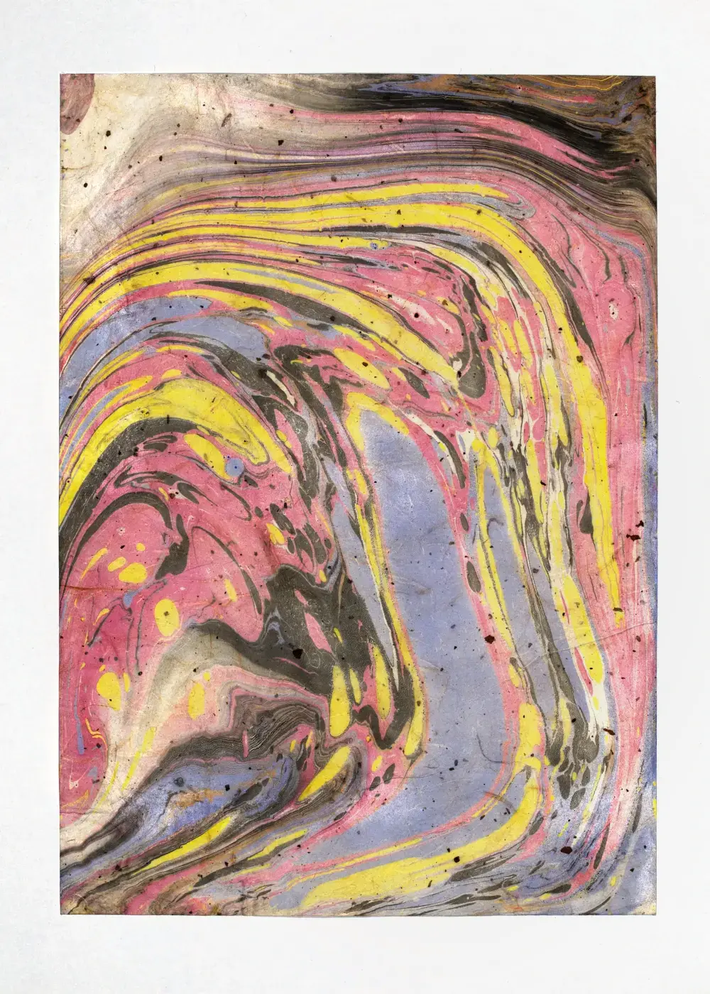 Curving ribbons of pink, yellow, and periwinkle threaded with black, sweeping diagonally across cream washi