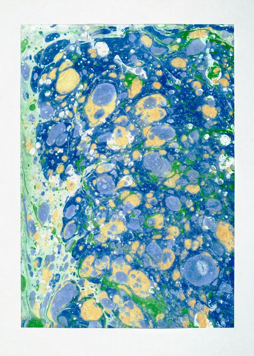 Periwinkle field dense with gold droplets and white speckles, green veining through, lightening to mint along the left edge