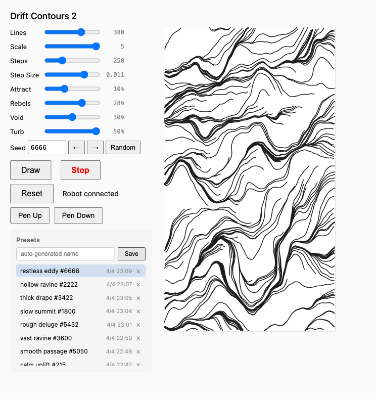 Drift Contours 2 p5.js sketch interface — parameter sliders, preset library, and a flow-field composition of topographic curves