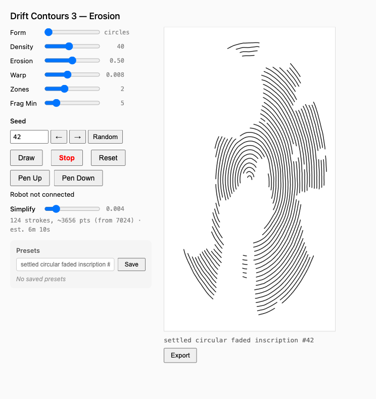 Drift Contours 3 Erosion algorithm on screen — p5.js sketch of concentric arcs broken by zones of empty space, resembling eroded tree rings