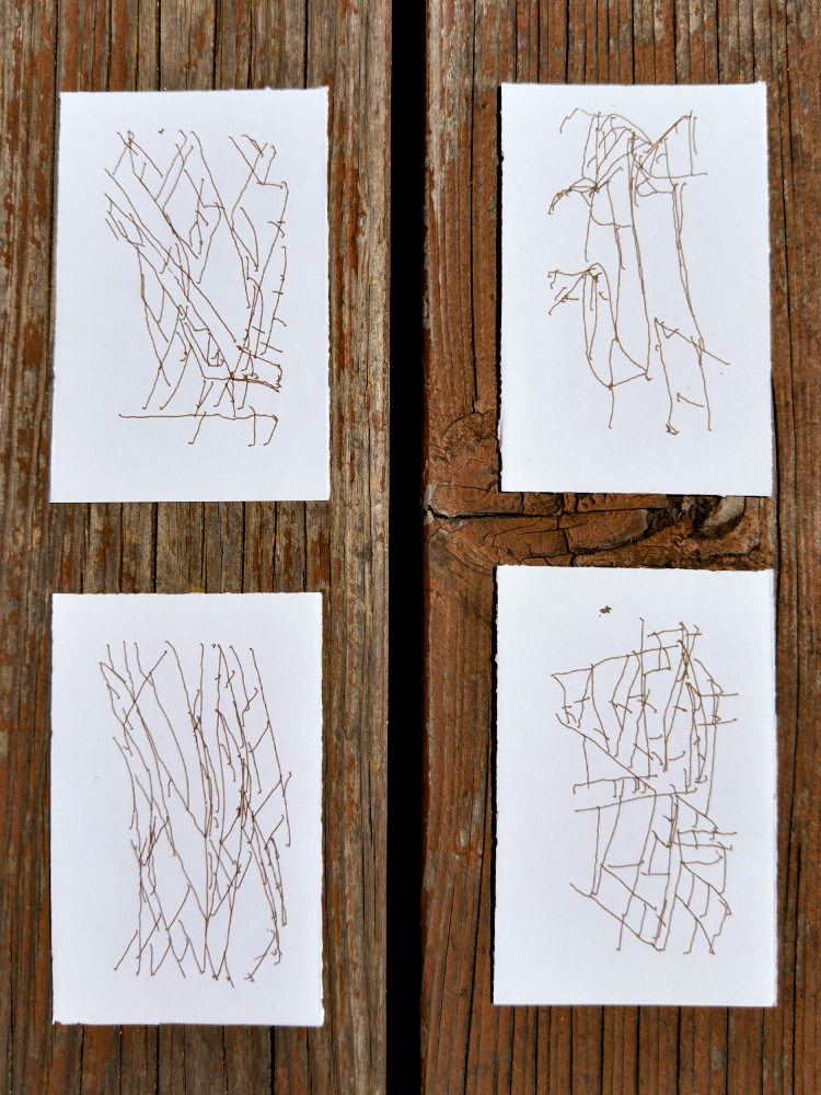 Four Line-us Fracture drawings on paper cards arranged on a weathered wooden deck — wobbly geologist's field-sketch lines