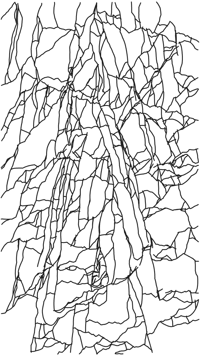 Fracture algorithm on screen — p5.js sketch of angular straight segments meeting at acute angles, resembling cracked stone or fault lines