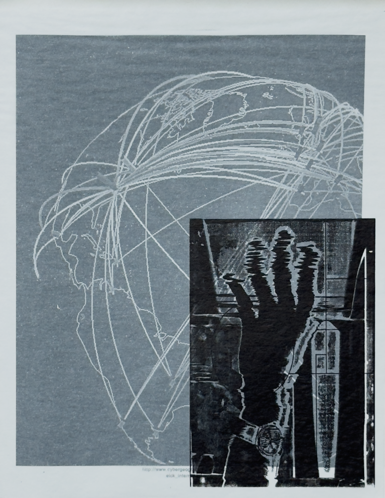 1998 solarplate print — scanned hands on tracing paper over an early network-topology globe diagram, from the same hybrid digital-analog series