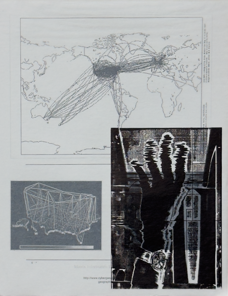 1998 solarplate print — scanned distorted hand in black ink on tracing paper, layered over an early web network-topology map, from a hybrid digital-analog collage series